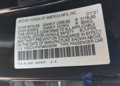 2021 Honda Accord Sport Special Edition z USA, uszkodzony, nr VIN 1HGCV1F47MA038356